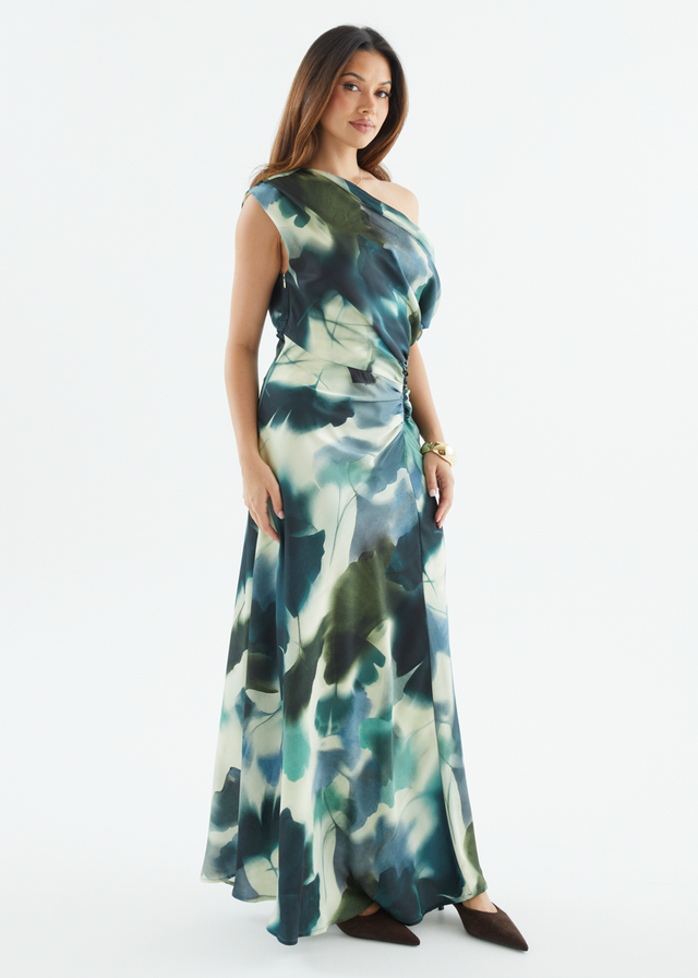 Flirtini One Shoulder Maxi Dress - Forest Abstract