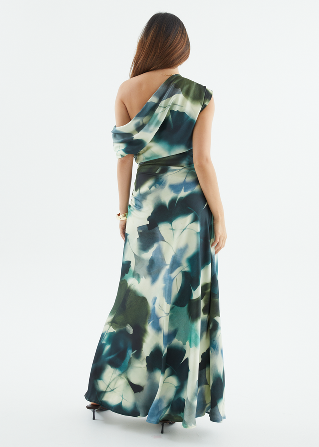 Flirtini One Shoulder Maxi Dress - Forest Abstract