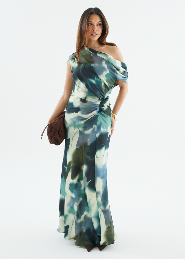 Flirtini One Shoulder Maxi Dress - Forest Abstract