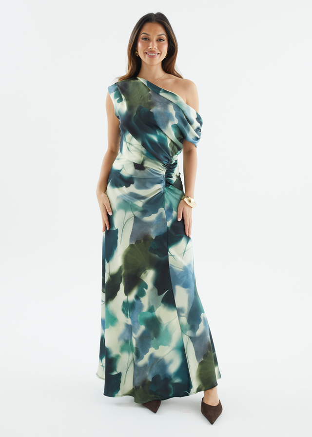 Flirtini One Shoulder Maxi Dress - Forest Abstract