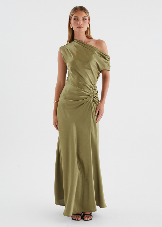 Flirtini One Shoulder Maxi Dress - Olive Gingham & Heels Flirtini One Shoulder Maxi Dress - Olive Gingham & Heels