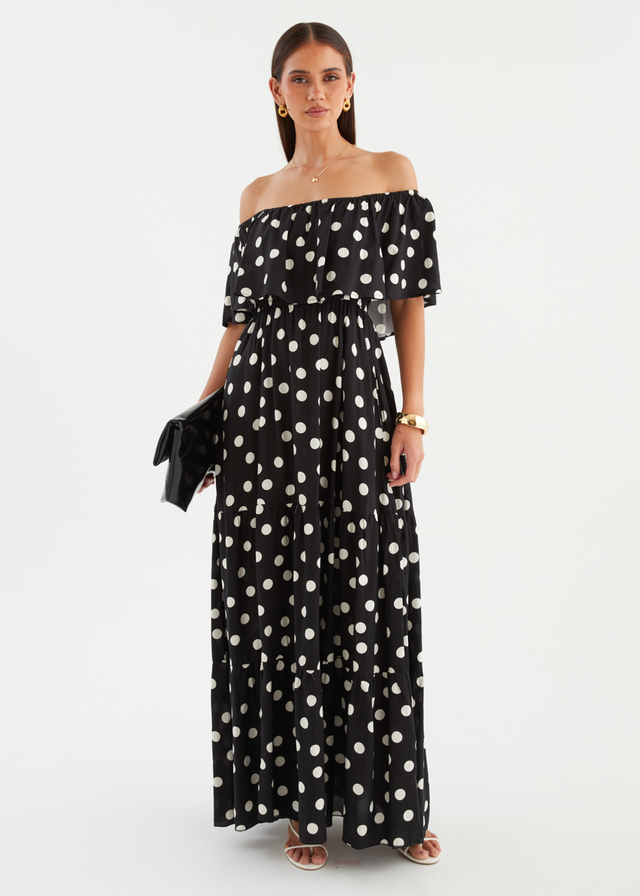 Mirie Off Shoulder Maxi Dress - Black Polka