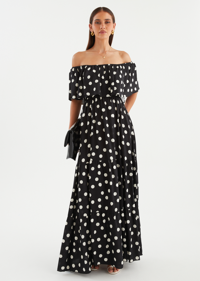 Mirie Off Shoulder Maxi Dress - Black Polka