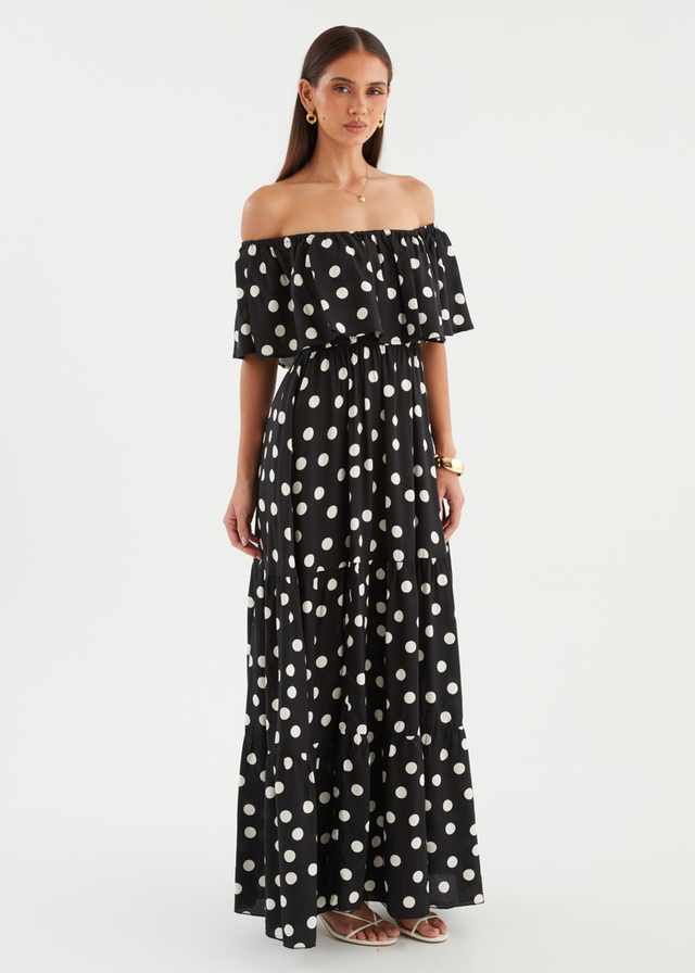Mirie Off Shoulder Maxi Dress - Black Polka