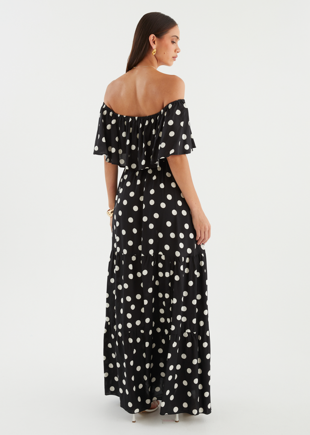 Mirie Off Shoulder Maxi Dress - Black Polka