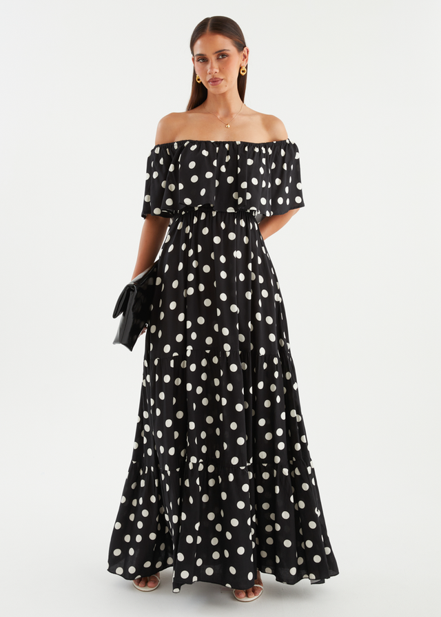 Mirie Off Shoulder Maxi Dress - Black Polka