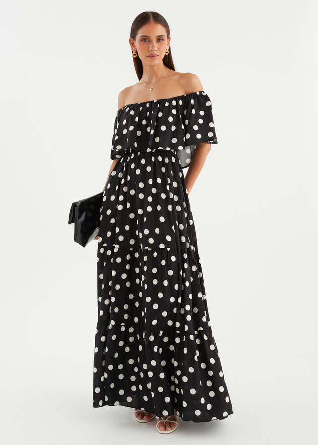 Mirie Off Shoulder Maxi Dress - Black Polka