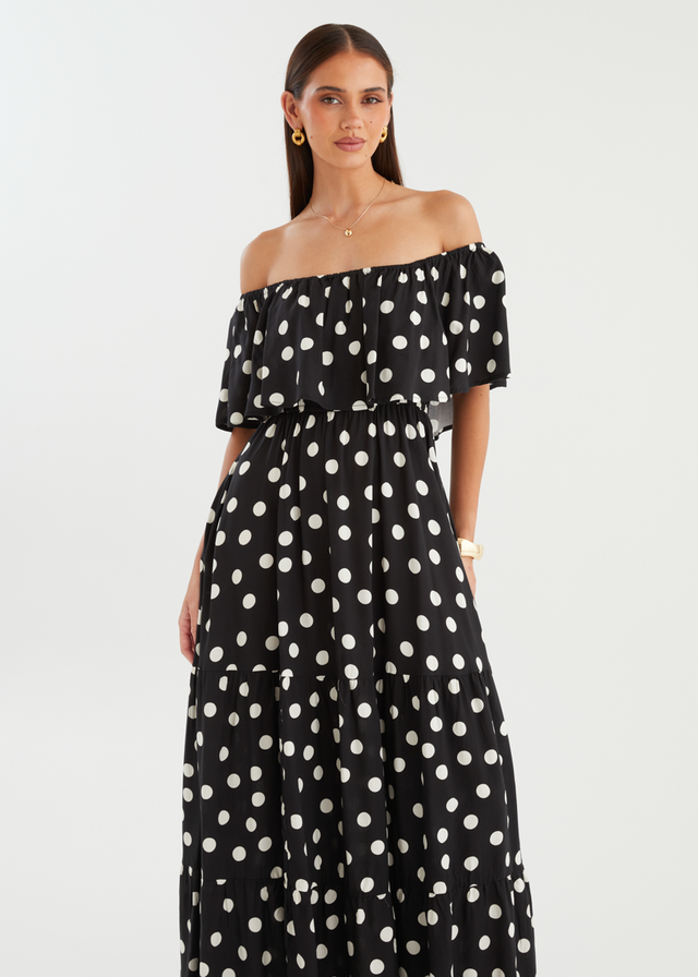Mirie Off Shoulder Maxi Dress - Black Polka