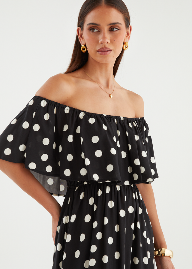 Mirie Off Shoulder Maxi Dress - Black Polka