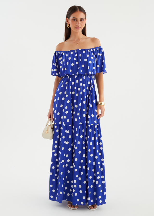 Mirie Off Shoulder Maxi Dress - Cobalt Polka