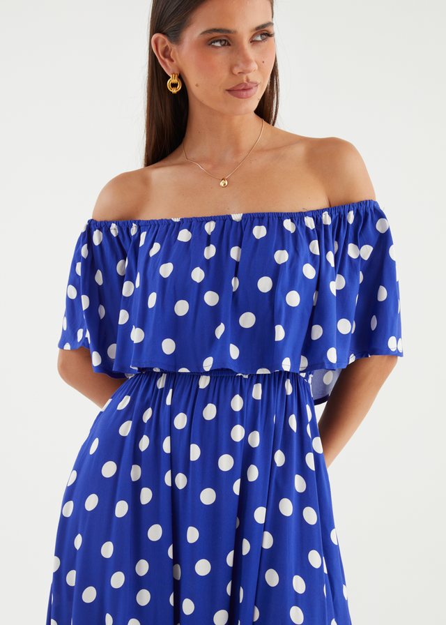 Mirie Off Shoulder Maxi Dress - Cobalt Polka Gingham & Heels Mirie Off Shoulder Maxi Dress - Cobalt Polka Gingham & Heels
