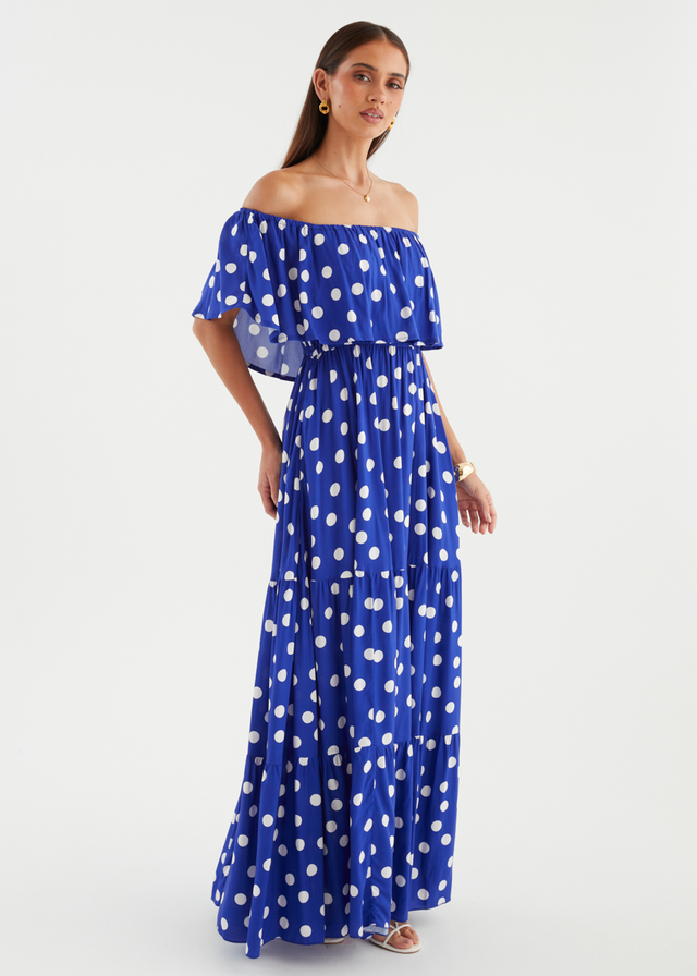 Mirie Off Shoulder Maxi Dress - Cobalt Polka