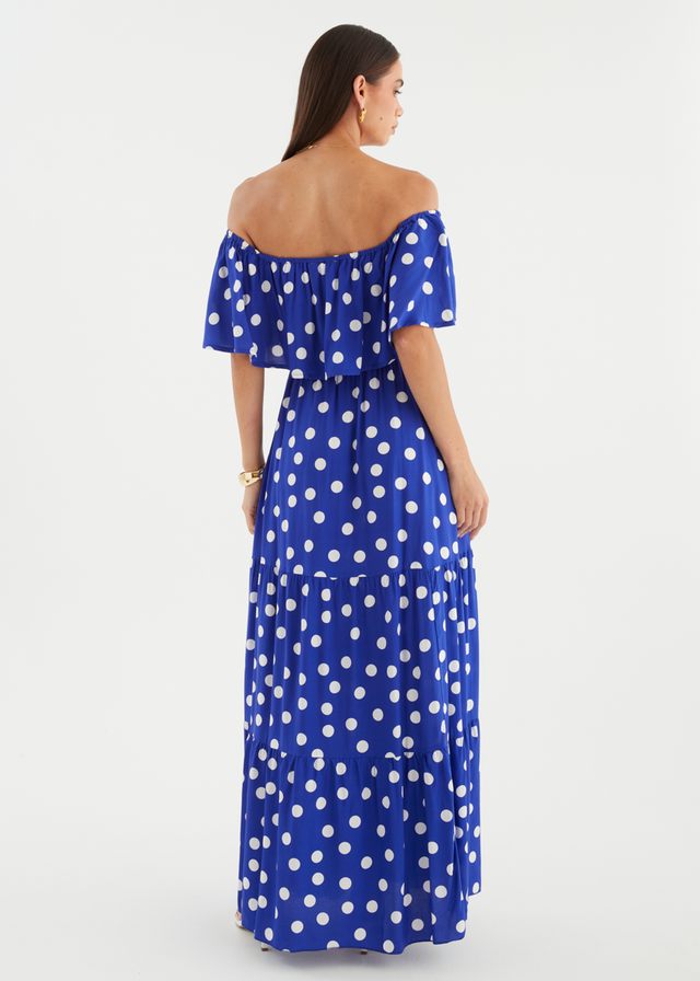 Mirie Off Shoulder Maxi Dress - Cobalt Polka