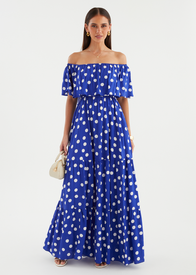 Mirie Off Shoulder Maxi Dress - Black Polka Gingham & Heels Mirie Off Shoulder Maxi Dress - Black Polka Gingham & Heels