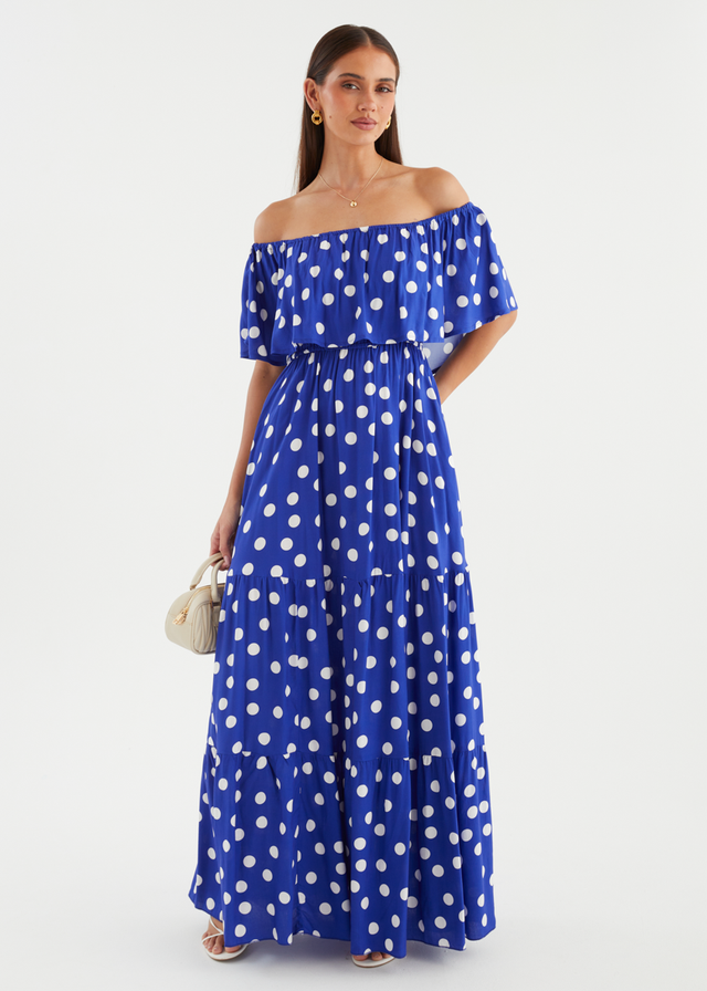 Mirie Off Shoulder Maxi Dress - Cobalt Polka