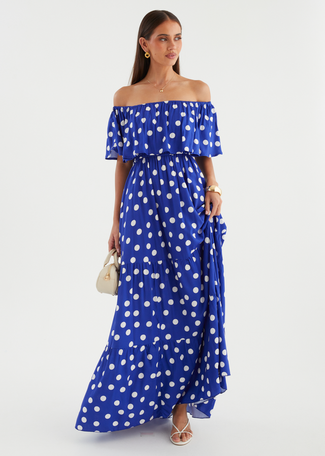 Mirie Off Shoulder Maxi Dress - Cobalt Polka