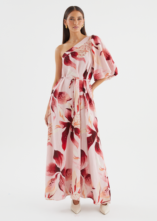 Dyanne One Shoulder Maxi Dress - Blush Lily Gingham & Heels Dyanne One Shoulder Maxi Dress - Blush Lily Gingham & Heels