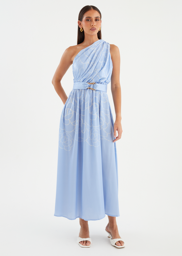 Korah One Shoulder Midi Dress - Blue Abstract