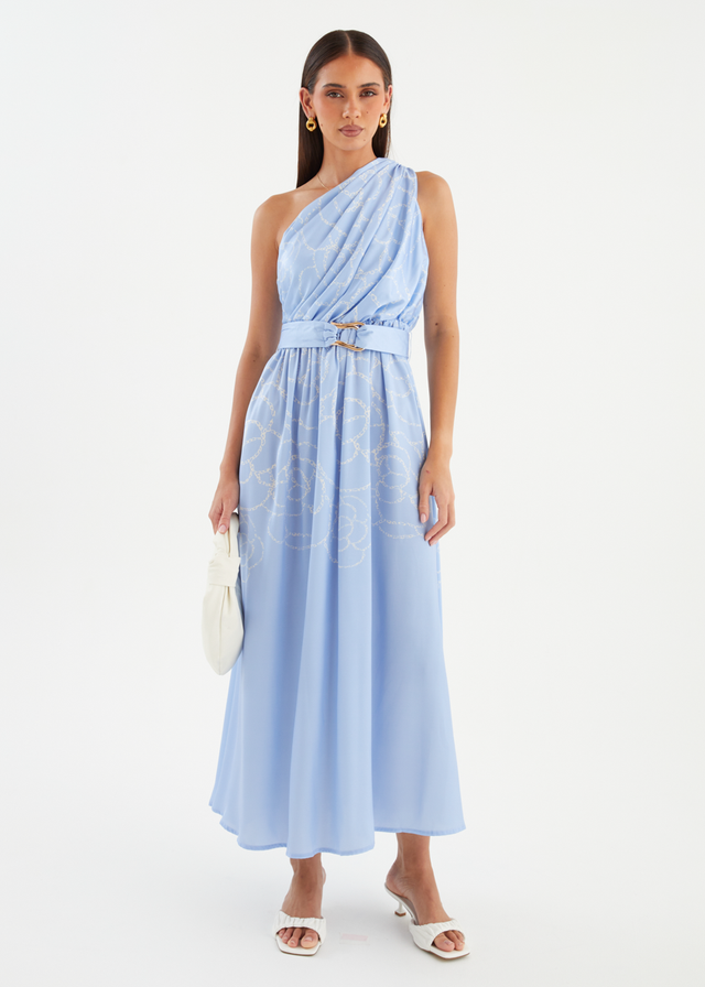 Korah One Shoulder Midi Dress - Blue Abstract