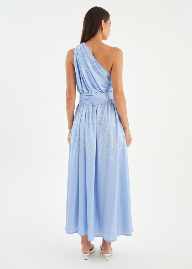 Korah One Shoulder Midi Dress - Blue Abstract