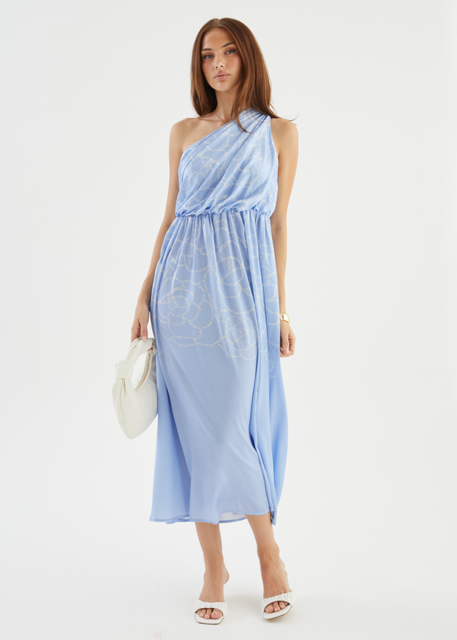 Korah One Shoulder Midi Dress - Blue Abstract