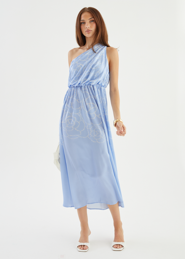 Korah One Shoulder Midi Dress - Blue Abstract