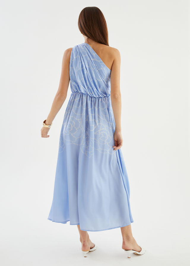 Korah One Shoulder Midi Dress - Blue Abstract