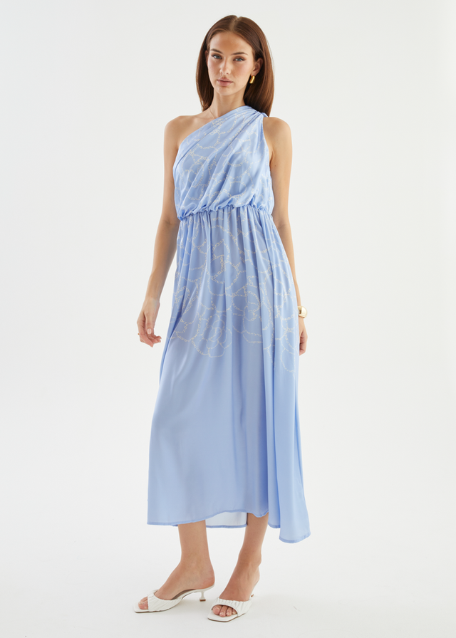 Korah One Shoulder Midi Dress - Blue Abstract