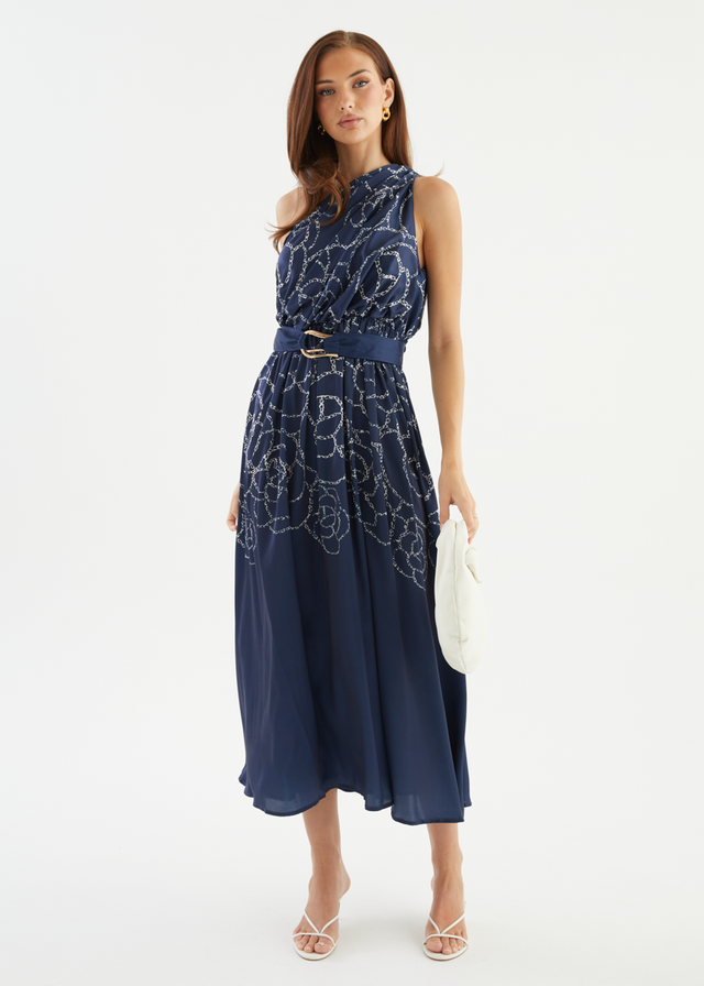 Korah One Shoulder Midi Dress - Navy Abstract