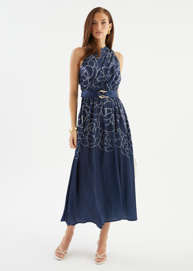 Korah One Shoulder Midi Dress - Navy Abstract