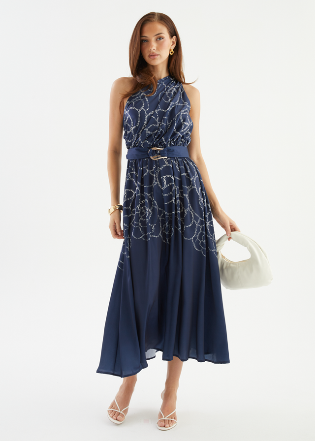 Korah One Shoulder Midi Dress - Navy Abstract