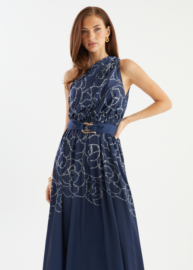 Korah One Shoulder Midi Dress - Navy Abstract