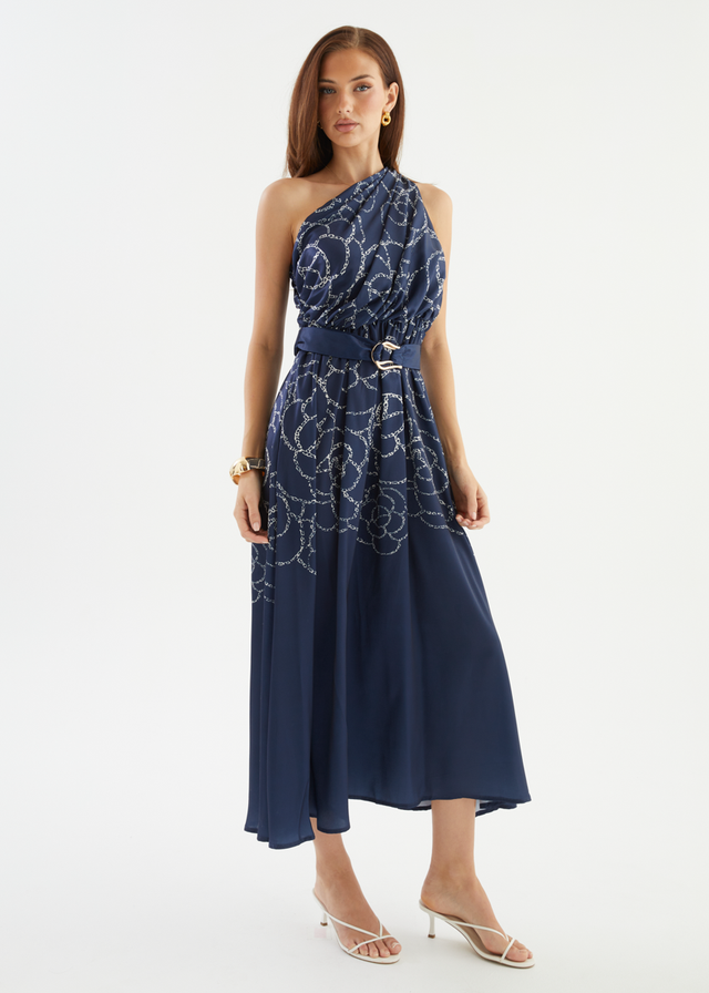 Korah One Shoulder Midi Dress - Navy Abstract