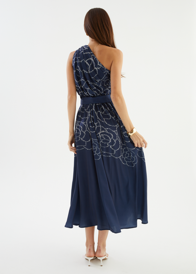 Korah One Shoulder Midi Dress - Navy Abstract