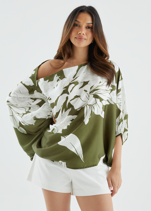Maui Off Shoulder Top - Khaki Floral