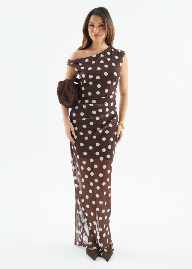 Carmella One Shoulder Maxi Dress - Choc Polka