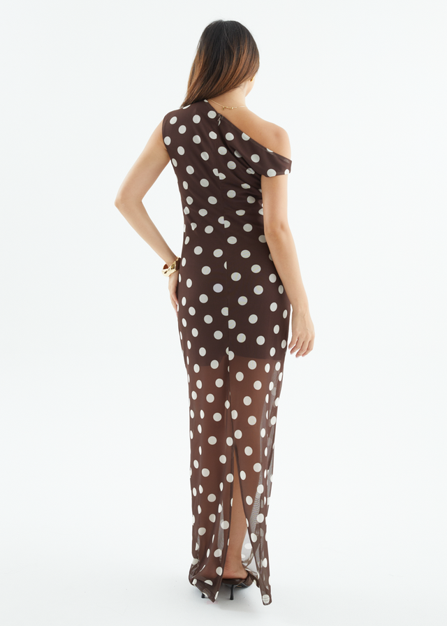 Carmella One Shoulder Maxi Dress - Choc Polka