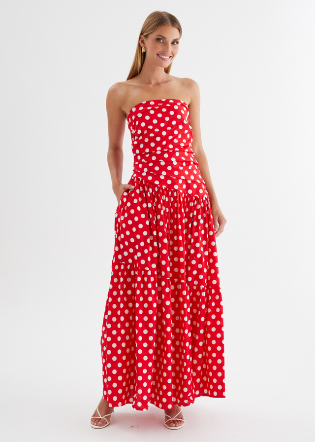 Abie Strapless Maxi Dress - Red Polka