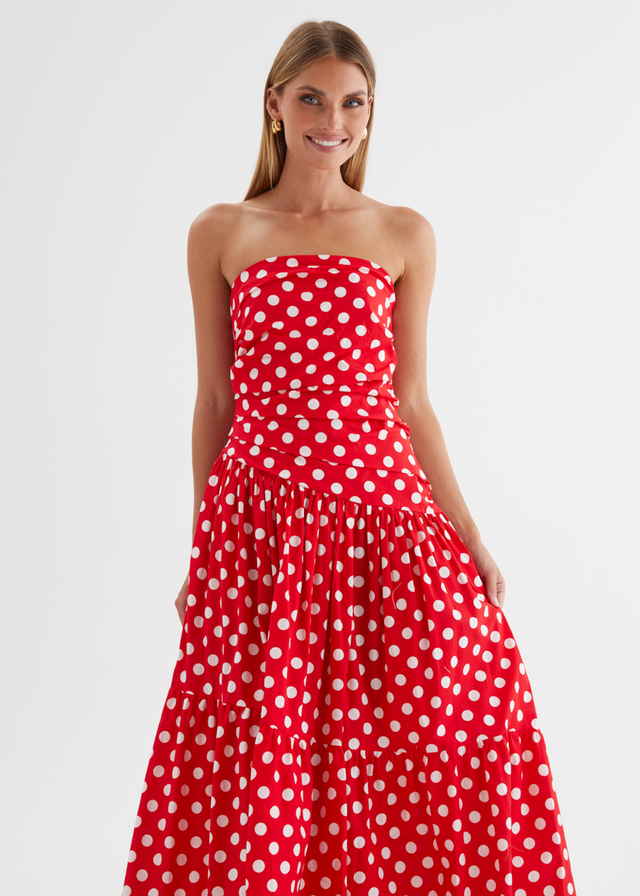Abie Strapless Maxi Dress - Red Polka