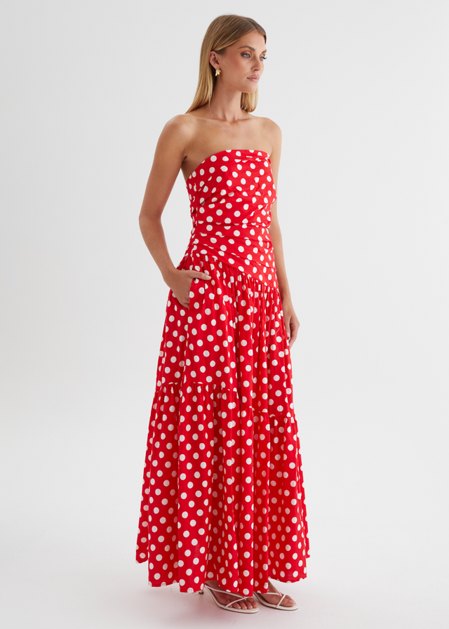 Abie Strapless Maxi Dress - Red Polka