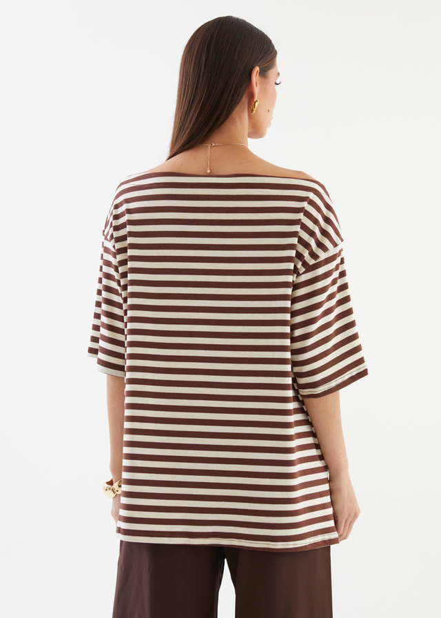 Calle Drop Shoulder Top - Choc Stripe