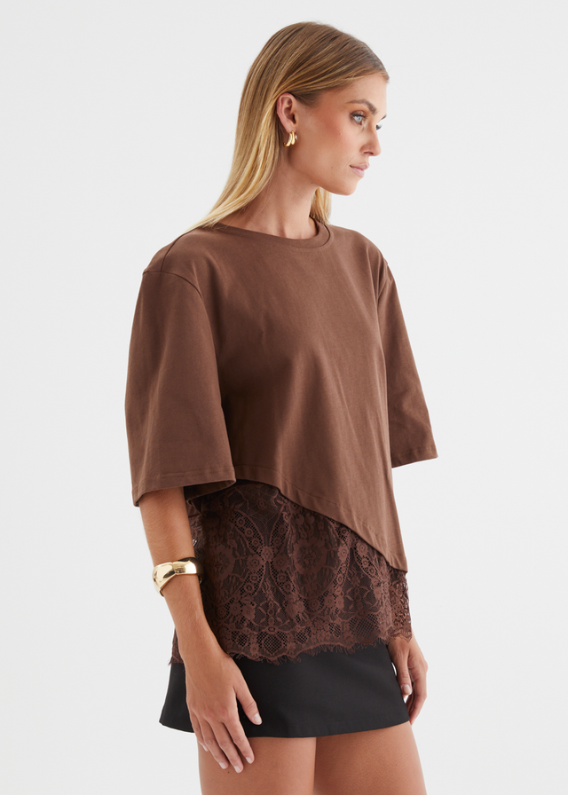 Lolana Lace Splice Top - Chocolate