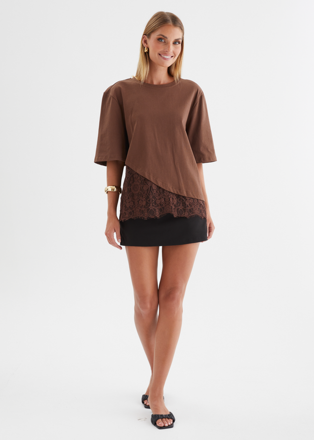 Lolana Lace Splice Top - Chocolate