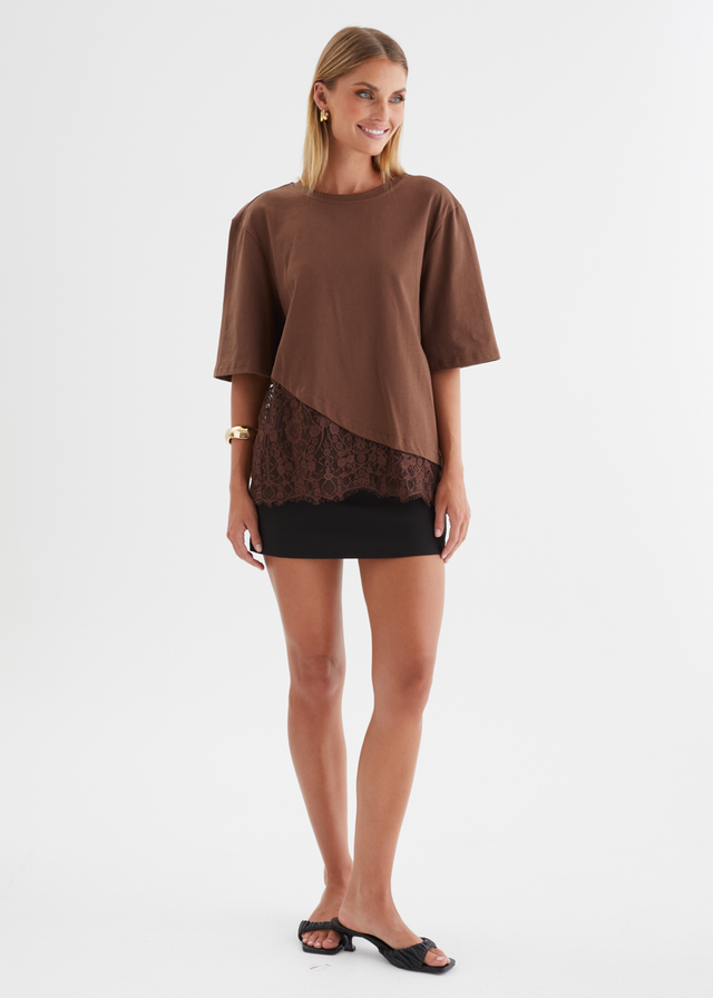 Lolana Lace Splice Top - Chocolate