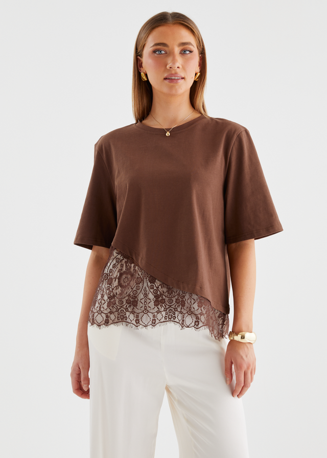 Lolana Lace Splice Top - Chocolate