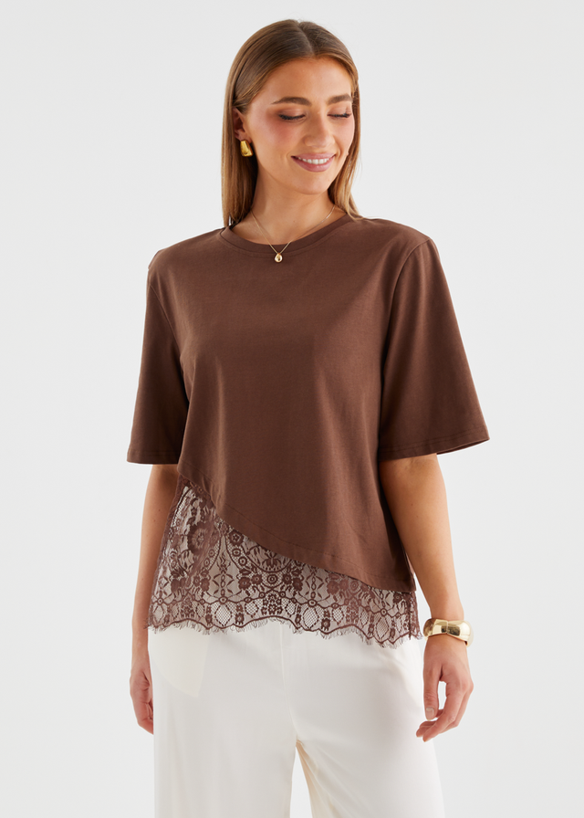 Lolana Lace Splice Top - Chocolate