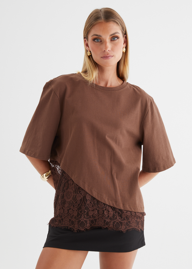 Lolana Lace Splice Top - Chocolate