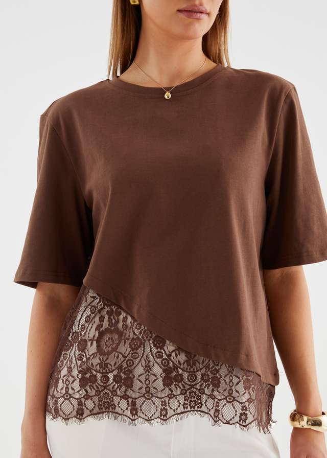 Lolana Lace Splice Top - Chocolate