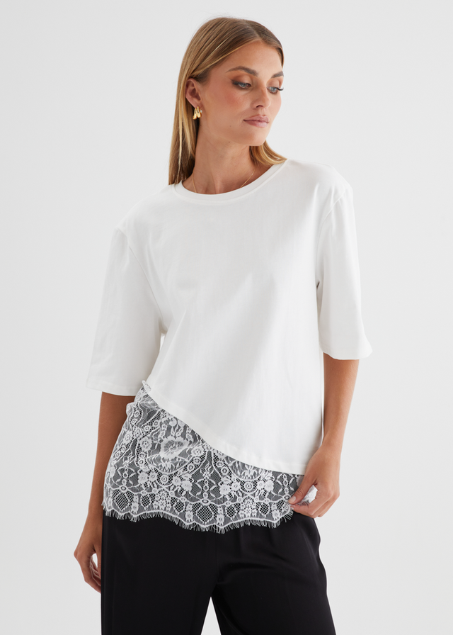 Lolana Lace Splice Top - Off White