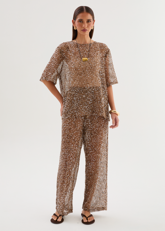 Zakaria Sequin Mesh Pants - Chocolate